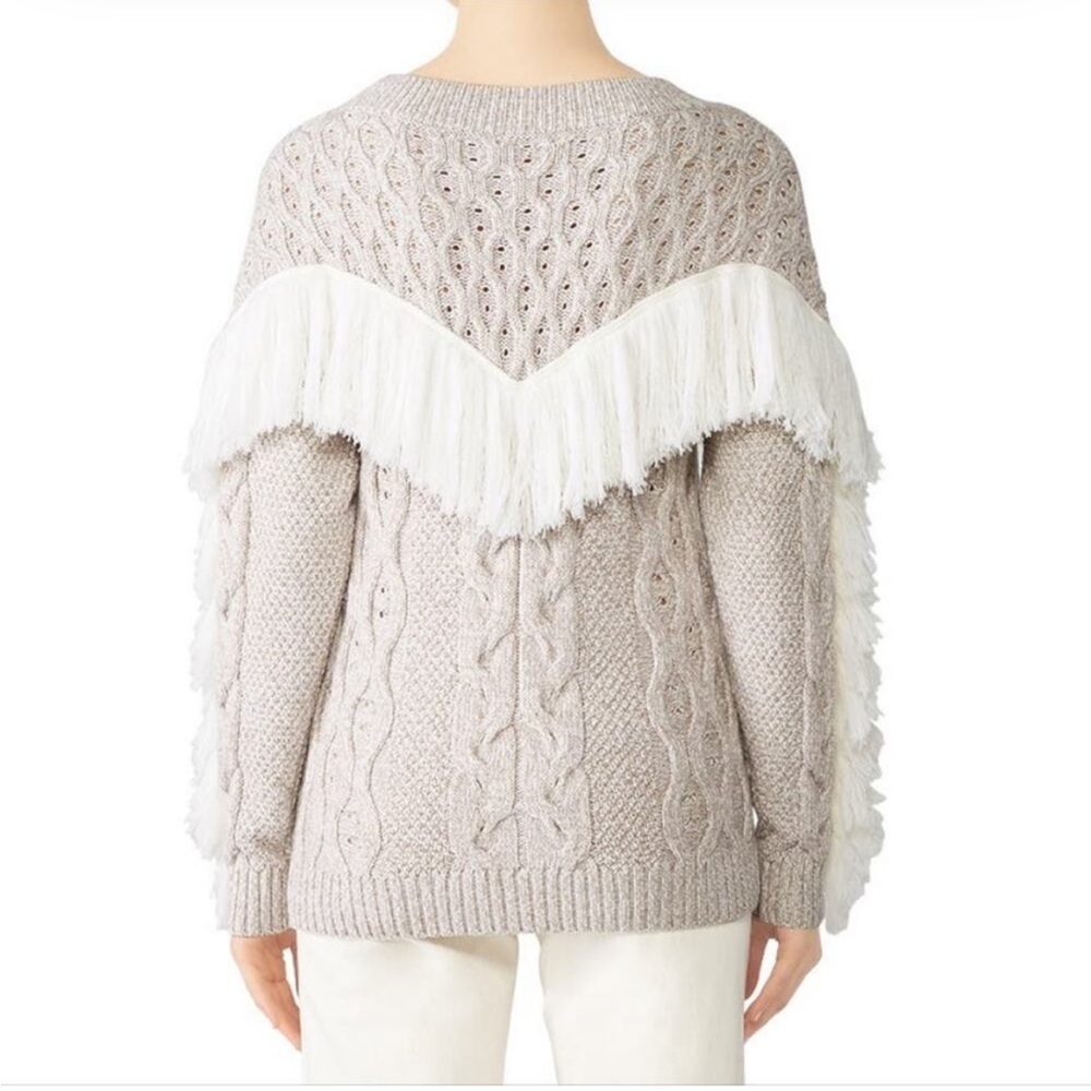 AMUR Ulla Fringe Sweater Size M&L Beige Long Sleeve Cable Knit Merino Wool - Picture 3 of 9